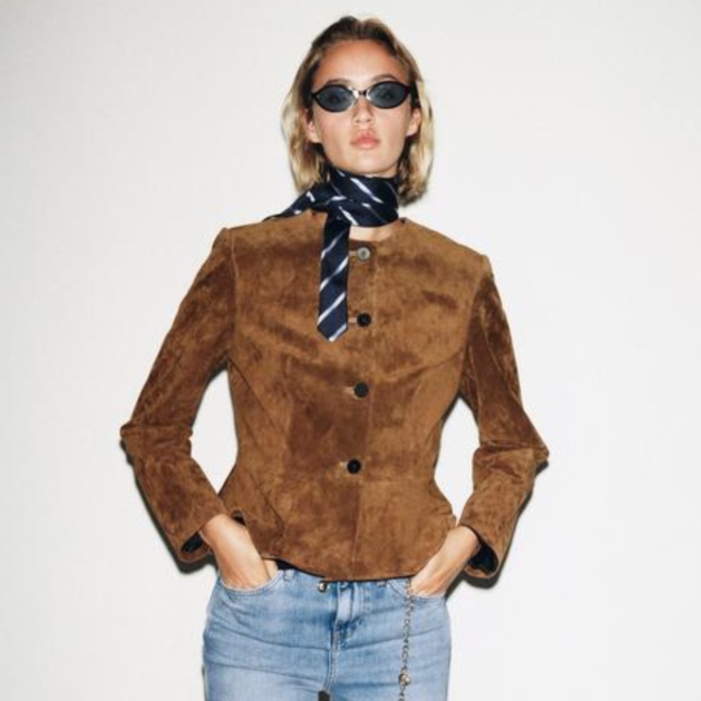 Zara NWT 100% leather jacket with flared hem 6318/232 - Picture 2 of 10